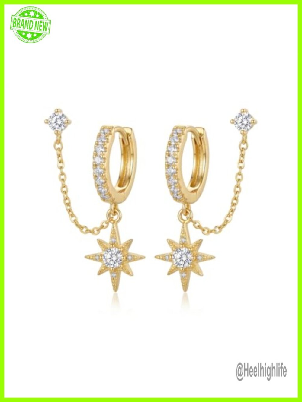 Gold Plated Double Piercing Star Hoop Earrings Cubic Zirconia